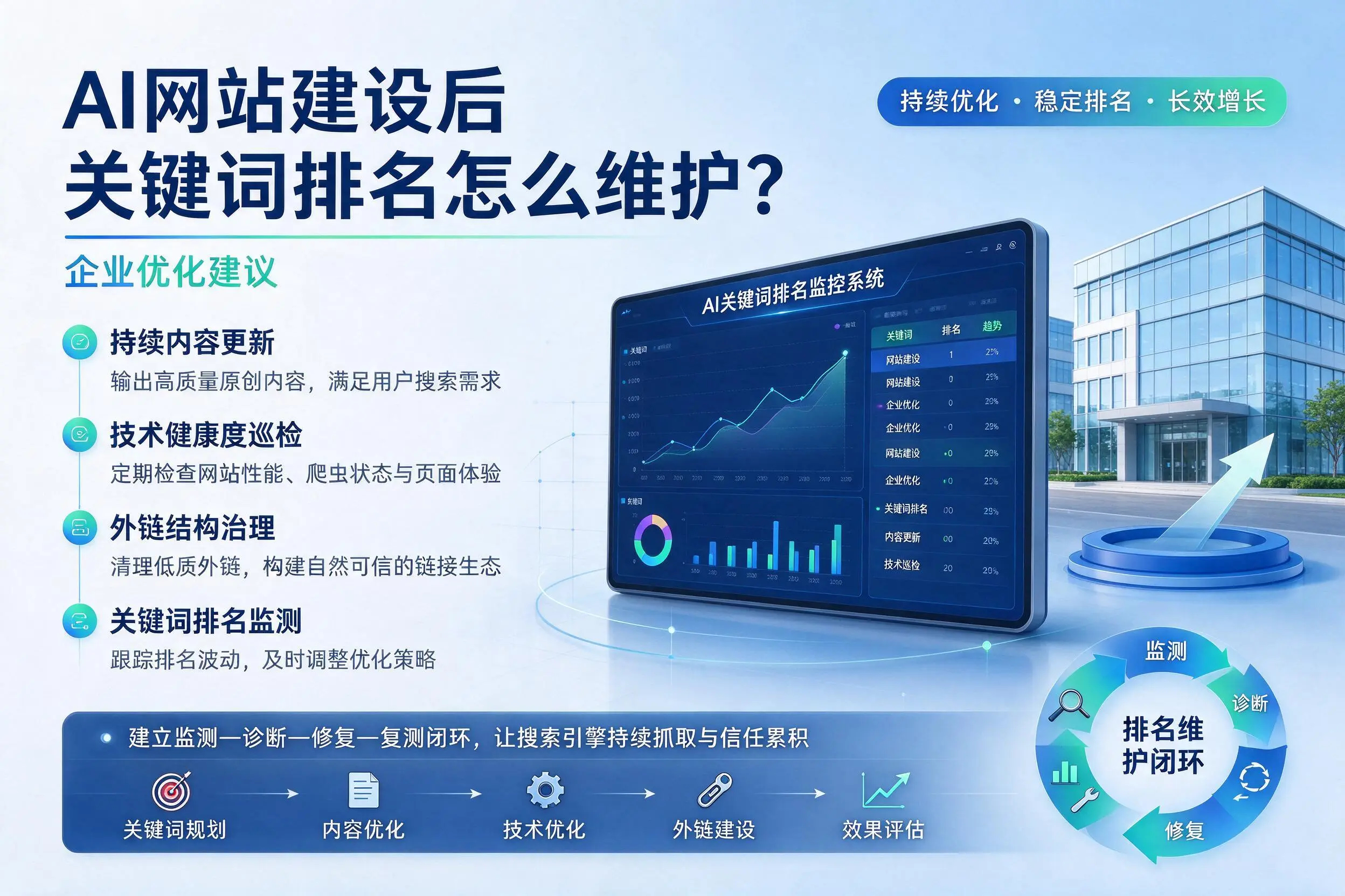 AI网站建设后关键词排名怎么维护?玉林企业优化建议